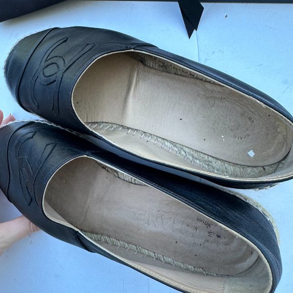 Chanel CC Espadrilles Flat Loafers Sz 40 Lambskin Leather Black - Picture 13 of 16